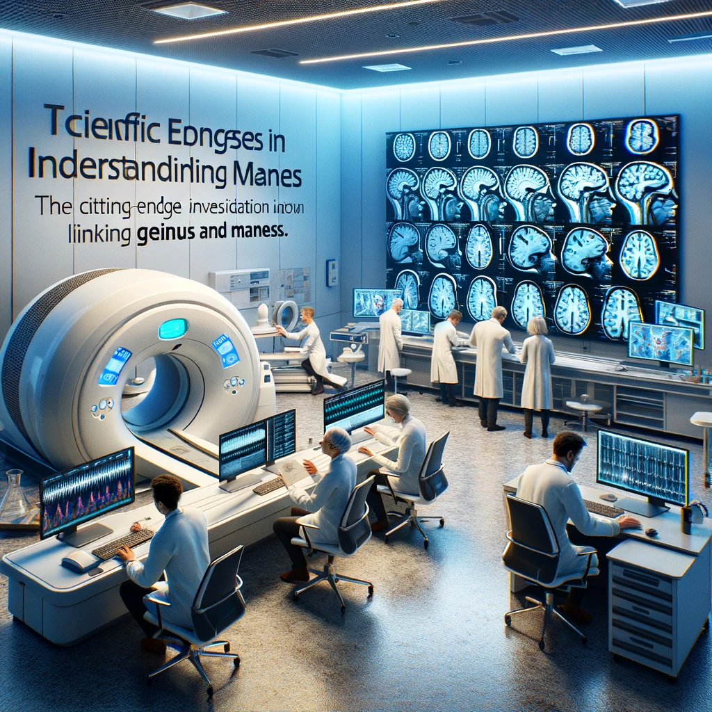 A photorealistic depiction of a modern neuroscience research lab, with advanced brain-imaging equipment like MRI scanners and monitors displaying brain activity patterns. The scene should include researchers examining data and discussing findings, highlighting the cutting-edge investigation into the brain's functioning, linking genius and madness. This image will complement the section’s exploration of scientific advances in understanding the mind.
