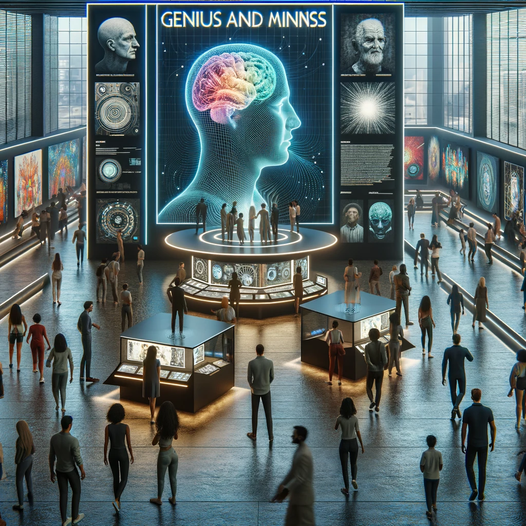 A photorealistic image showing a diverse group of people in a futuristic, interactive museum exhibit about the mind, where visitors engage with interactive displays and holographic projections representing genius and madness. The setting should be modern and innovative, reflecting the evolving perception and integration of these concepts in society. This image will visually enhance the discussion on modern interpretations and the societal synthesis of genius and madness.