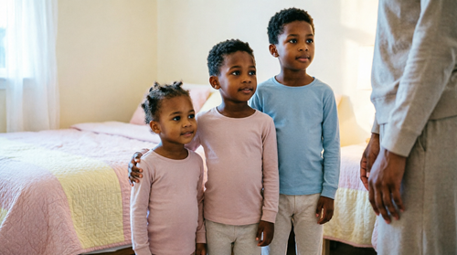 Three children of different ages standing together in a row during a family morning routine.