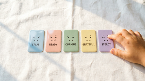Five pastel emotion cards labeled Calm, Ready, Curious, Grateful, and Steady with a child's hand choosing one.