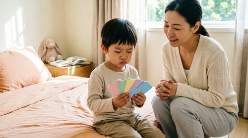 A child sitting on the bed thoughtfully choosing from pastel emotion cards while a parent kneels nearby.