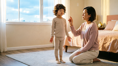 A child practicing a calm morning breathing hold while a parent counts gently.