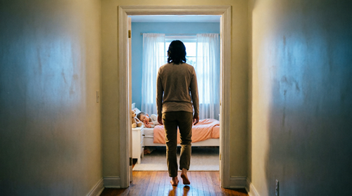 A parent standing in a doorway looking at a sleeping child, about to begin the morning greeting.