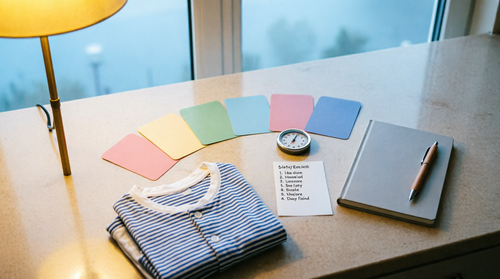 A prepared kitchen counter at night with emotion cards, a timer, a checklist, a notebook, and folded pajamas.